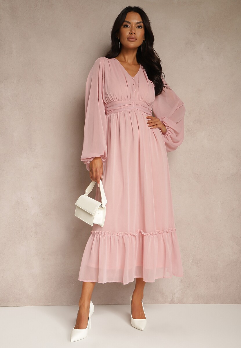 Różowa Plisowana Sukienka Koktajlowa Ozdobiona Guzikami i Falbankami Osumia