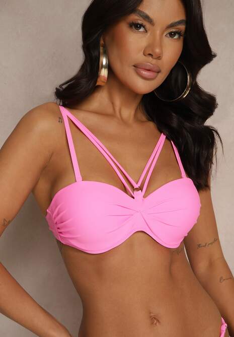 Jasnoróżowe Bikini Majtki Typu Figi i Biustonosz z Ozdobnymi Paskami Fadelinna