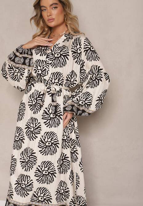 Czarna Sukienka Oversize z Wiskozy z Paskiem Zdobiona Etnicznym Printem Velsekia