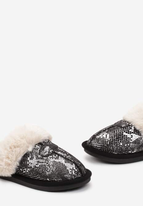 Czarne Połyskujące Kapcie ze Zwierzęcym Motywem i Futerkiem Zephyrella