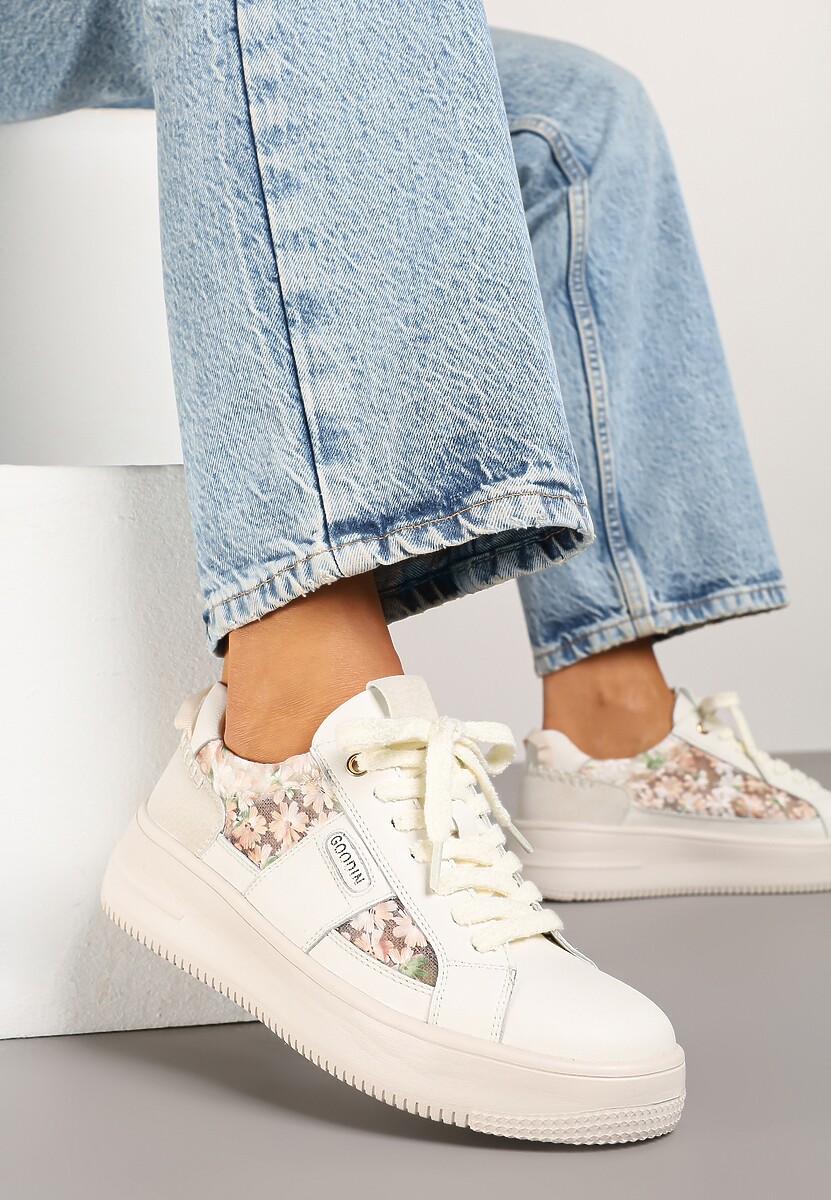 Beżowe Sneakersy ze Skóry Naturalnej z Kwiatami i Napisem Nilalora