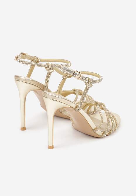 Złote Sandały na Szpilce z Przeplatanymi Paskami z Cyrkoniami Lunafera