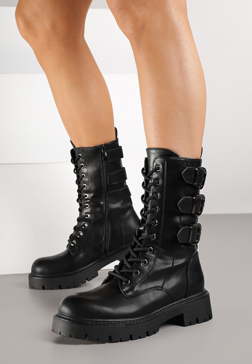 Czarne Botki Typu Workery Zdobione Sprzączkami Therrie