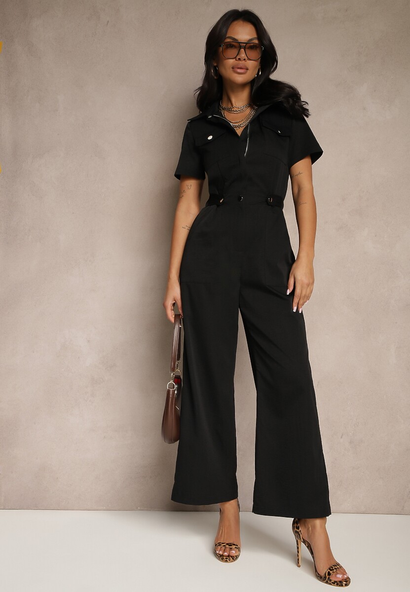 Czarny Kombinezon Wide Leg z Kołnierzykiem Suwakiem i Krótkim Rękawem Jenaralitia