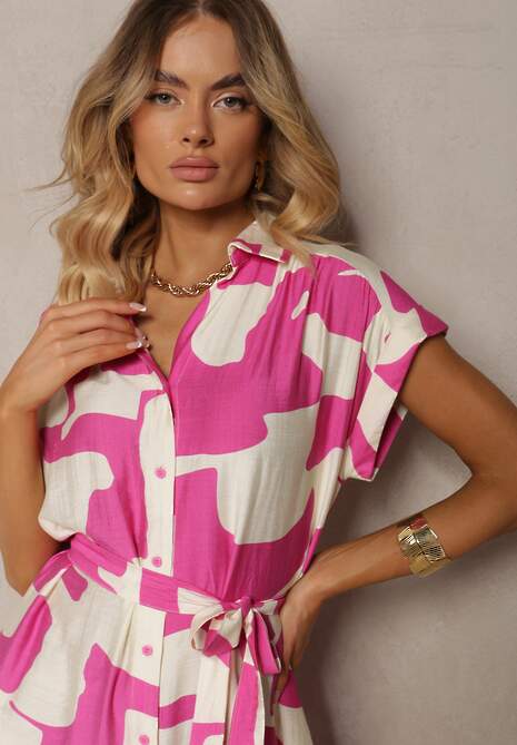 Różowo-Biała Sukienka o Koszulowym Kroju z Materiałowym Paskiem w Talii w Kolorowy Print Hilefia