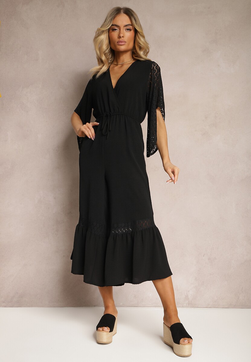 Czarny Kombinezon z Szerokimi Nogawkami Typu Dzwony z Koronką Fielara