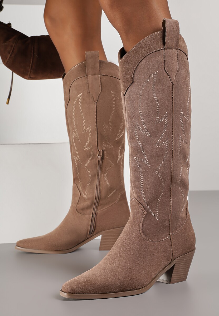 Ciemnobeżowe Haftowane Kozaki Kowbojki na Stożkowym Obcasie Galianna