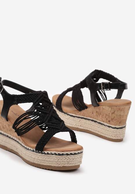 Czarne Sandały z Korkiem i Plecionką na Koturnie i Splecionymi Paseczkami Larosa