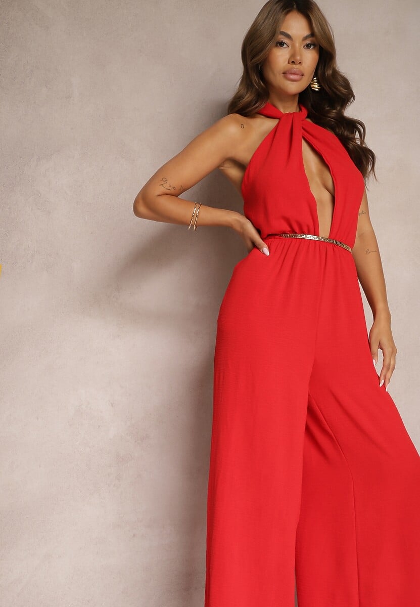 Czerwony Taliowany Kombinezon ze Ściągaczem w Talii i Wiązaniem przy Szyi Rivasiris