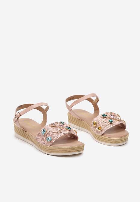 Różowe Sandały na Płaskiej Plecionej Podeszwie z Rafii Zapinane na Sprzączkę z Cyrkoniami Vesima