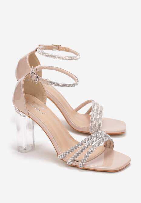 Beżowe Sandały z Cyrkoniami na Transparentnym Słupku Larmela
