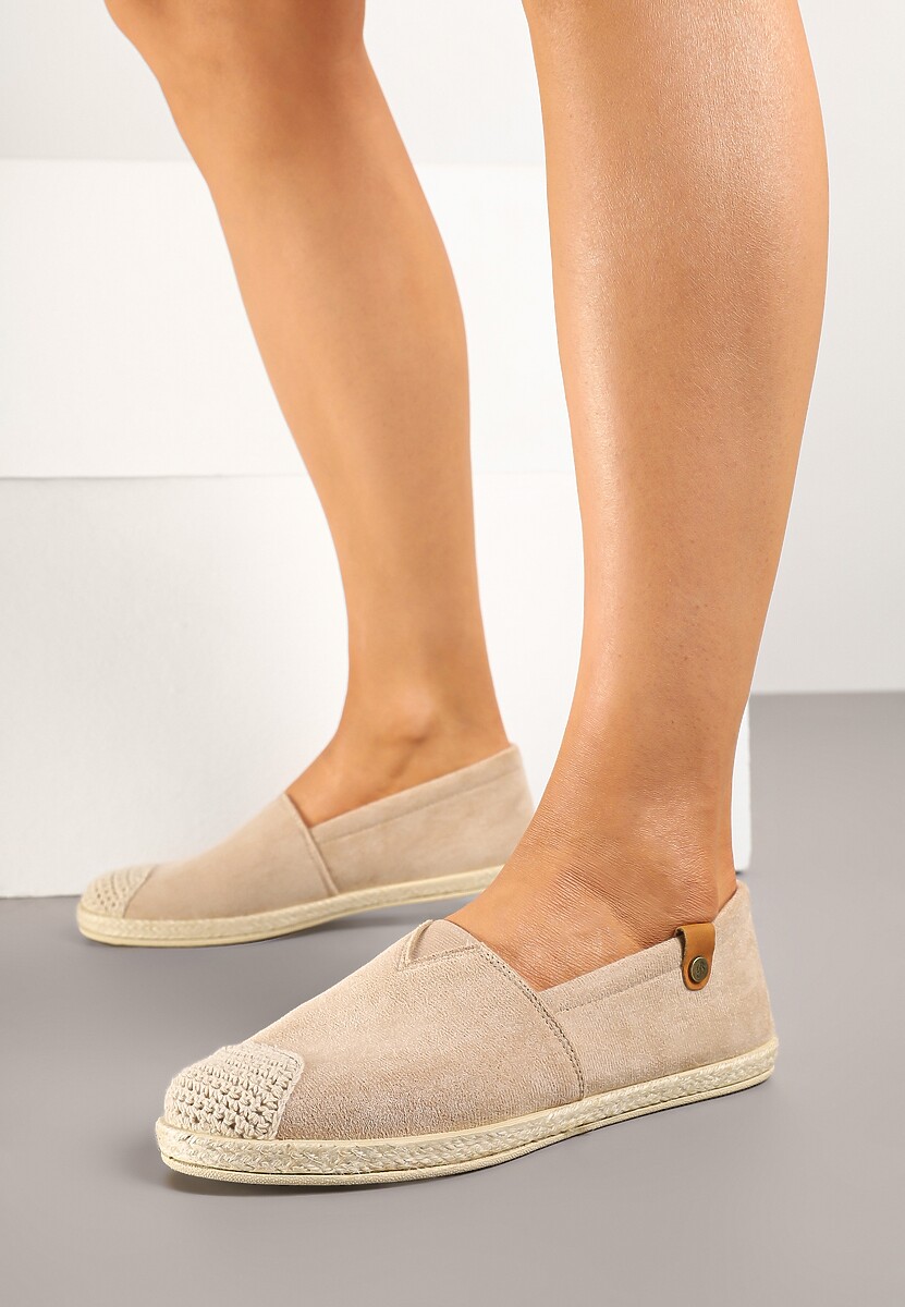 Ciemnobeżowe Espadryle z Elastyczną Wstawką Zdobione Plecionką Kinellis