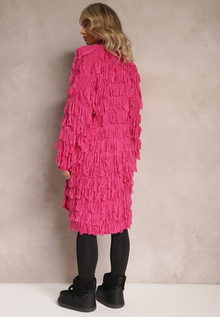 Fuksjowy Niezapinany Kardigan w Ozdobne Frędzle Massawa