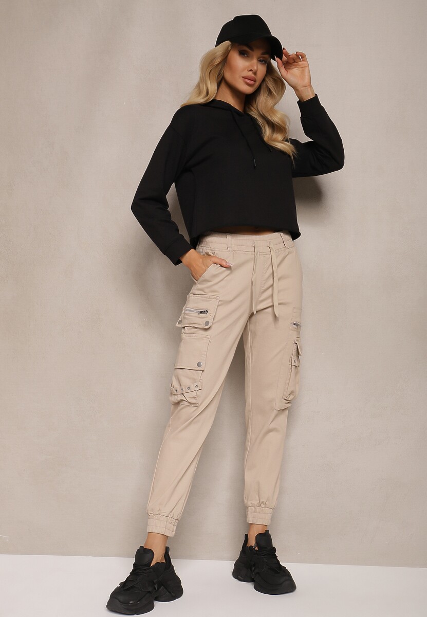 Beżowe Bawełniane Spodnie Bojówki z Gumką w Talii i Kieszeniami Zolarae
