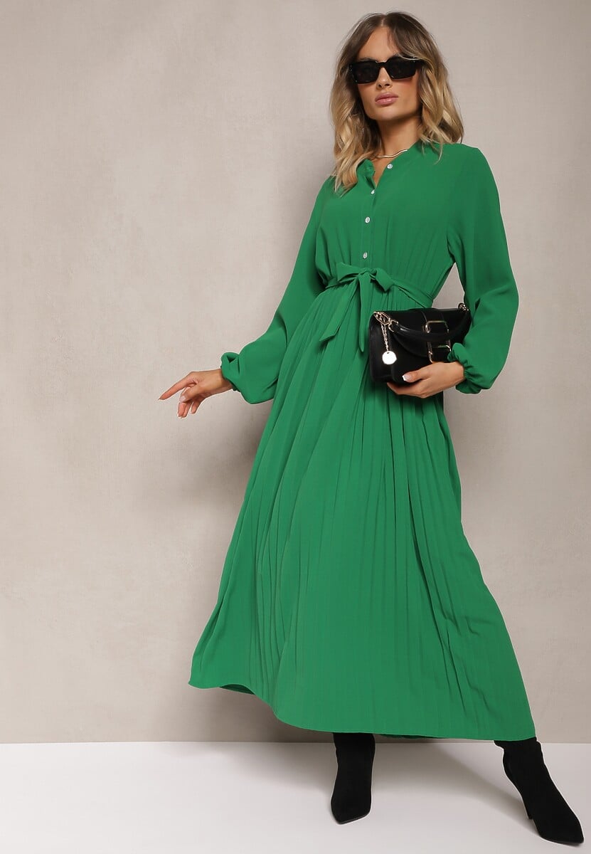 Zielona Rozkloszowana Sukienka Maxi Plisowana Wiązana w Pasie Terilla