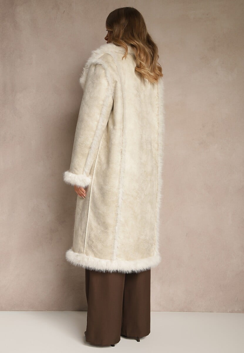 Beżowy Dwurzędowy Płaszcz Futerko o Dwustronnym Kroju z Kołnierzem Nalaneva