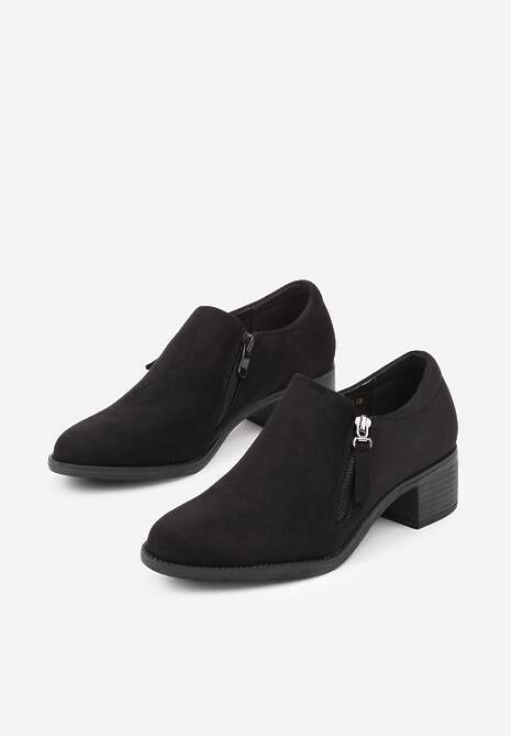 Czarne Półbuty na Słupku z Niską Cholewką Ozdobioną Suwakiem Ansolee