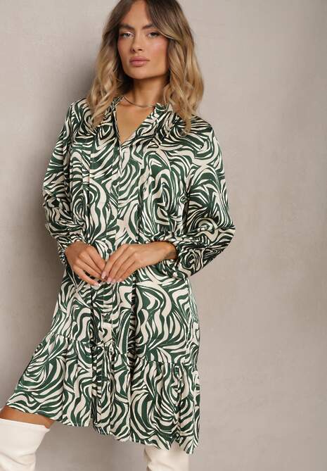 Zielono-Beżowa Rozkloszowana Sukienka Mini w Koszulowym Stylu z Falbanką i Ozdobnym Wzorem Bevina