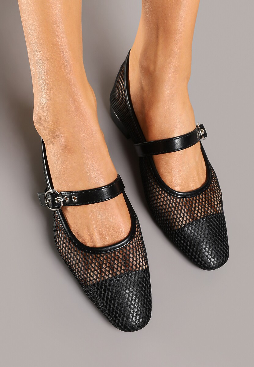 Czarne Czółenka w Stylu Balerinek na Niskim Słupku z Siateczki Zapinane na Pasek ze Sprzączką Elasiela