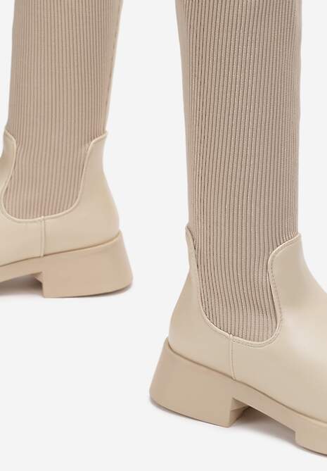 Beżowe Wsuwane Kozaki ze Skarpetkową Cholewką Przed Kolano na Grubej Podeszwie Miraple