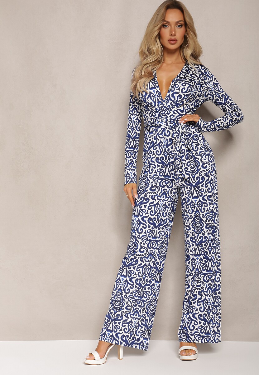 Beżowy Długi Kombinezon z Ornamentalnym Wzorem i Wiązanym Paskiem Feniti