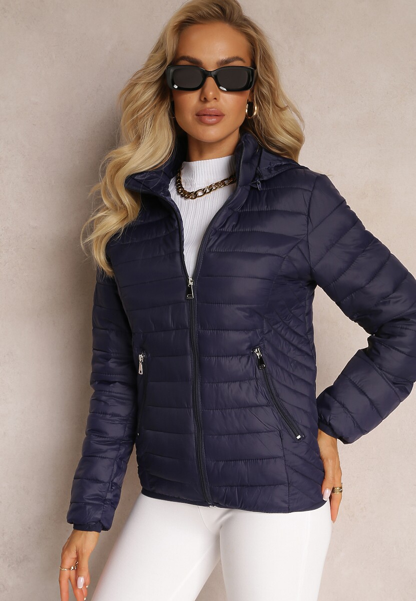 Granatowa Pikowana Kurtka z Odpinanym Kapturem Sissata