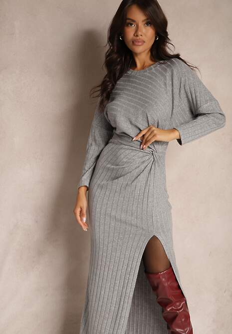 Szara Sukienka z Wiskozą Metaliczną Nicią i Asymetrycznym Węzłem Elloritia