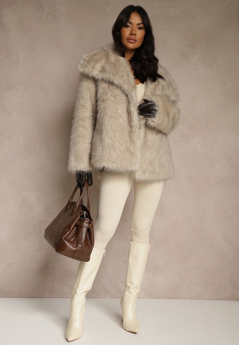 Beżowa Dwurzędowa Kurtka Futerko Oversize Nenalla