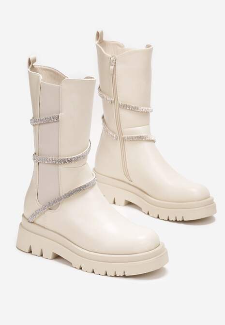 Beżowe Botki Sztyblety do Połowy Łydki  z Ozdobnym Paskiem z Cyrkoniami  Besiva