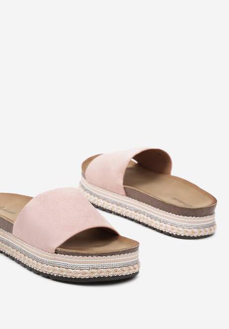 Różowe Klapki na Grubej Podeszwie z Wkładką z Ekoskóry Ozdobione Metaliczną Nicią Manessi