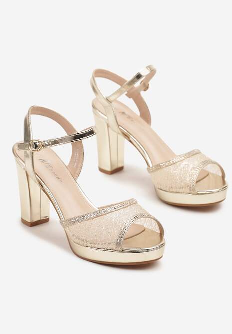 Złote Sandały na Słupku z Cyrkoniami i Koronką Sovriza