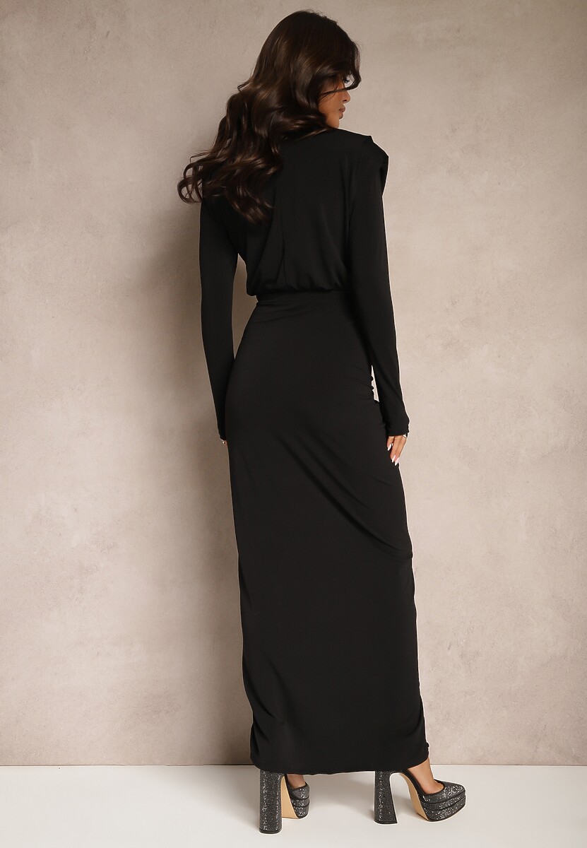 Czarna Dopasowana Sukienka Koktajlowa Ozdobiona Marszczeniem Besini