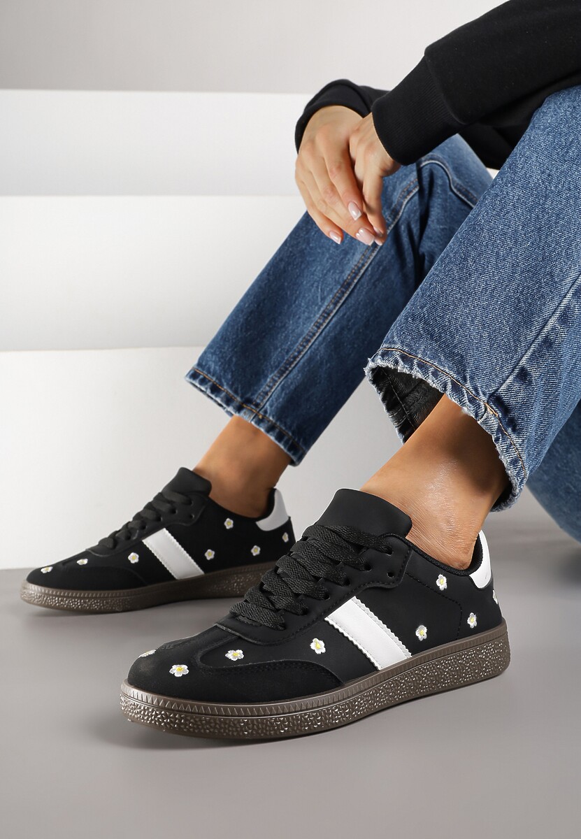Czarne Sneakersy Tenisówki Ozdobione Kwiatkami Zummine