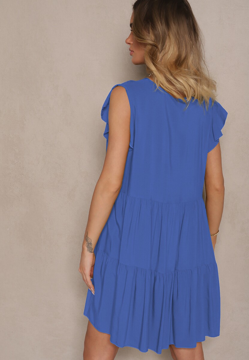 Niebieska Bawełniana Sukienka Rozkloszowana z Falbankami Mirlio