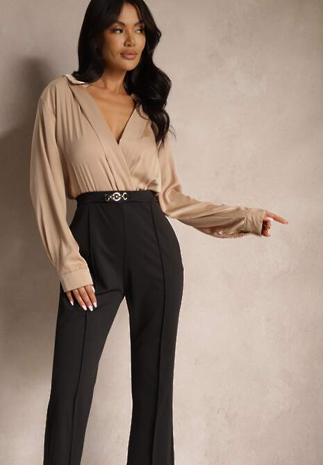 Czarno-Beżowy Kopertowy Kombinezon z Elegancką Koszulową Górą i Szerokimi Nogawkami Vareti
