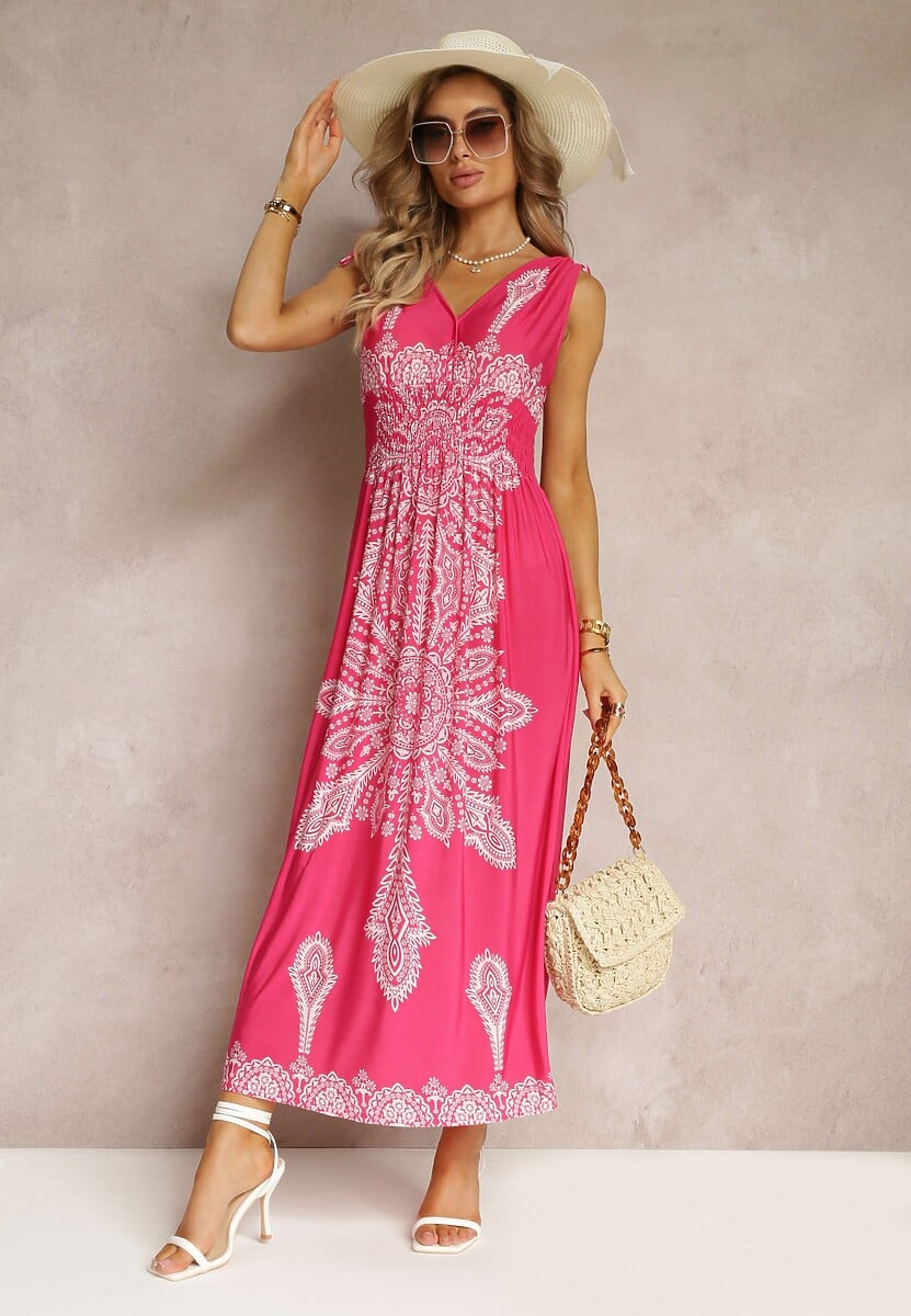 Fuksjowa Długa Sukienka z Wzorem Boho Sznurkami na Ramionach i Gumką w Pasie Hideni