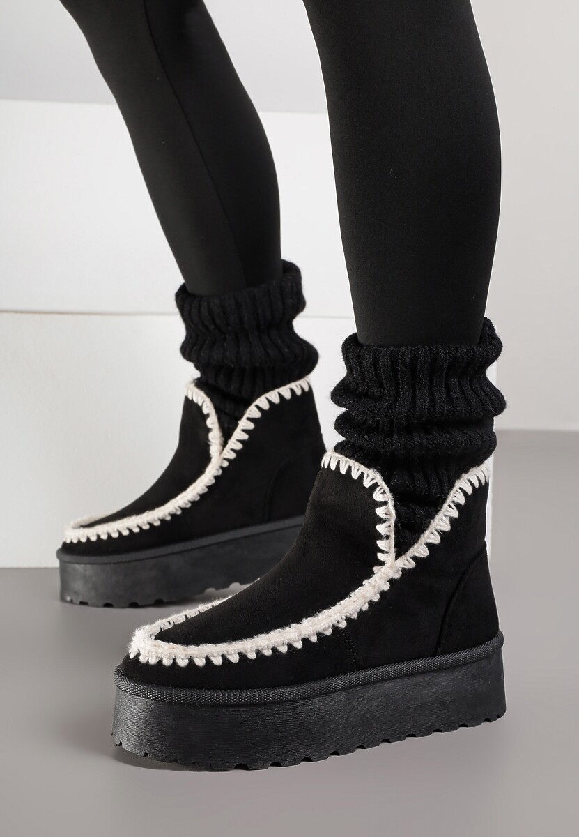 Czarne Śniegowce na Platformie Ozdobione Haftowanym Wzorem Naretusa