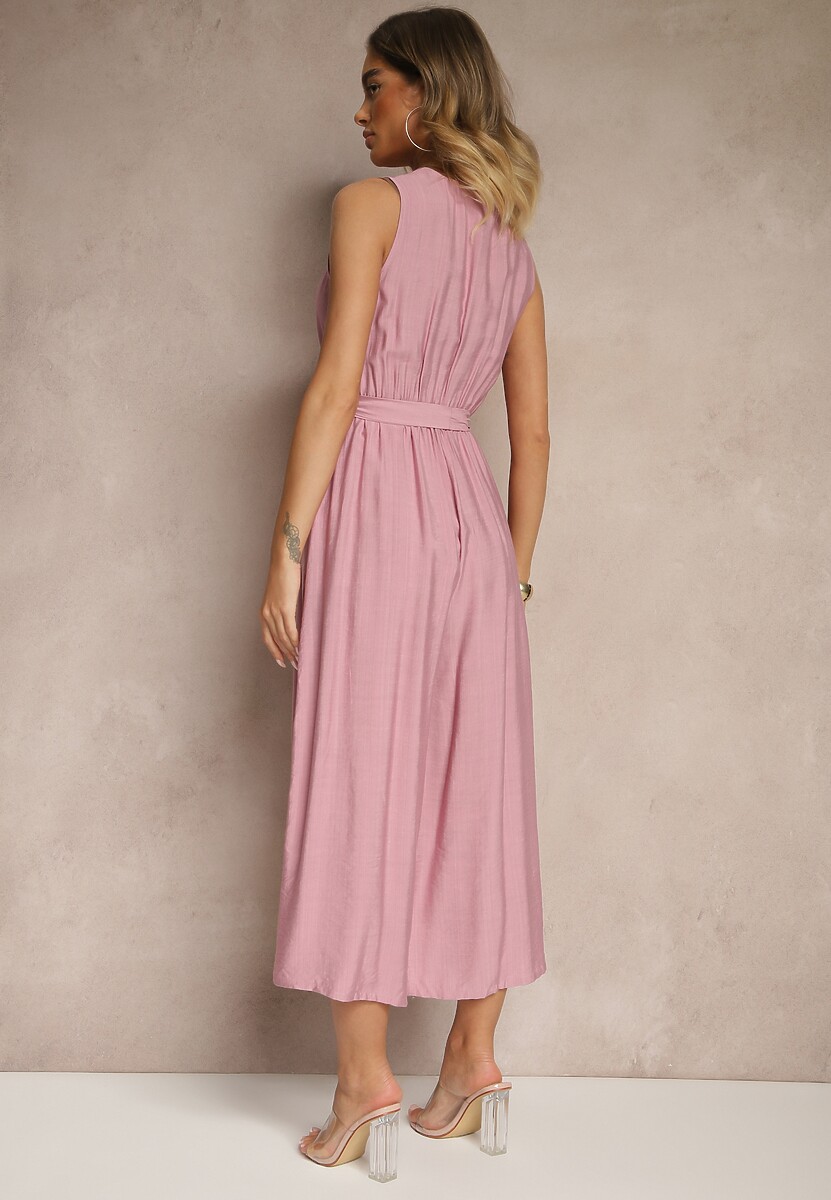 Fioletowy Kombinezon Taliowany z Wiskozą Ozdobiony Paskiem Evintria