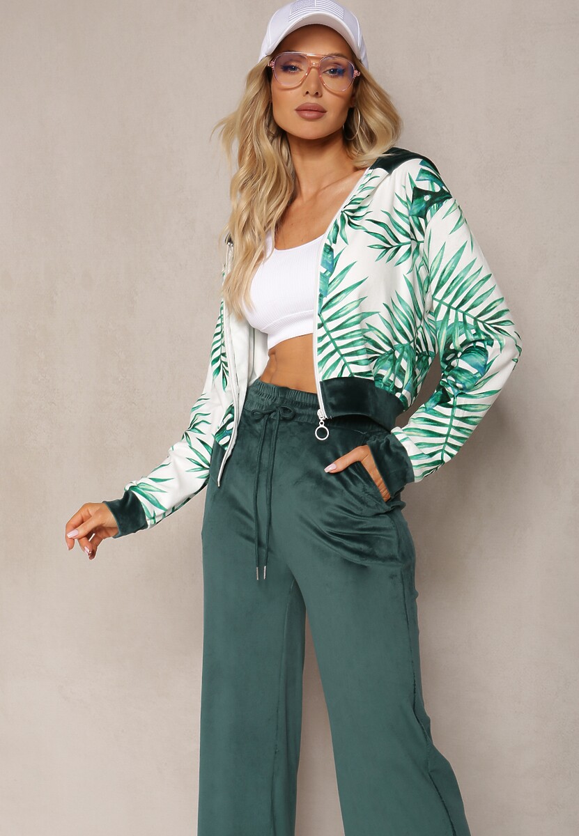 Ciemnozielony Komplet Dresowy Welurowy Bluza z Kapturem i Florystycznym Printem oraz Szerokie Luźne Spodnie Raiantise