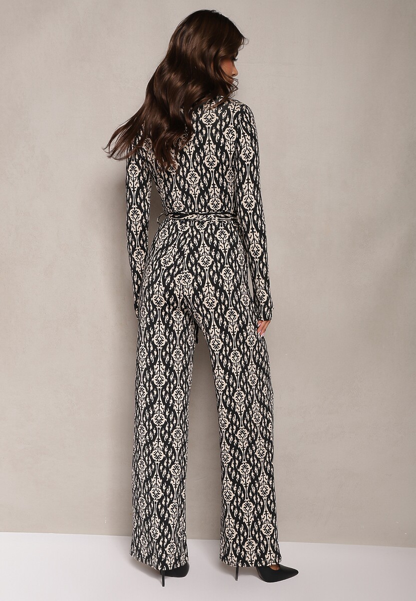 Czarno-Beżowy Kopertowy Kombinezon z Paskiem w Talii i Ozdobnym Wzorem Mirannda