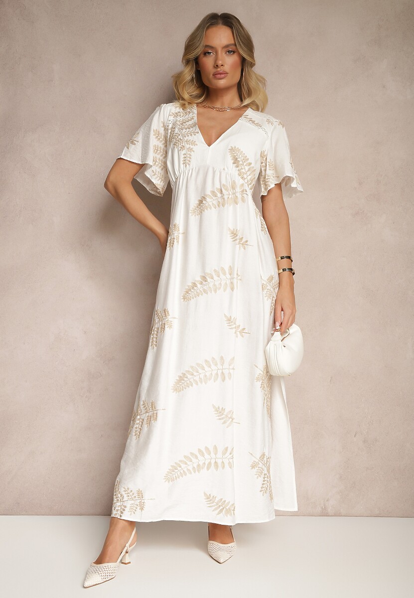 Biała Rozkloszowana Sukienka z Wiskozy Ozdobiona Haftowanymi Liśćmi Tirvesa