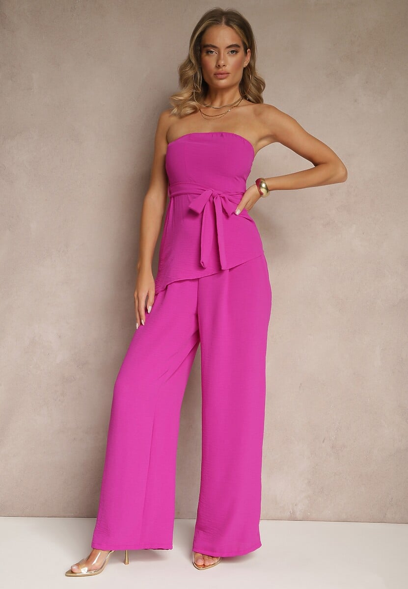 Fioletowy Komplet Spodnie o Szerokim Kroju i Asymetryczna Bluzka Ralinessa