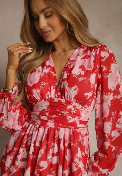 Czerwona Rozkloszowana Sukienka w Print Florystyczny Awerdia