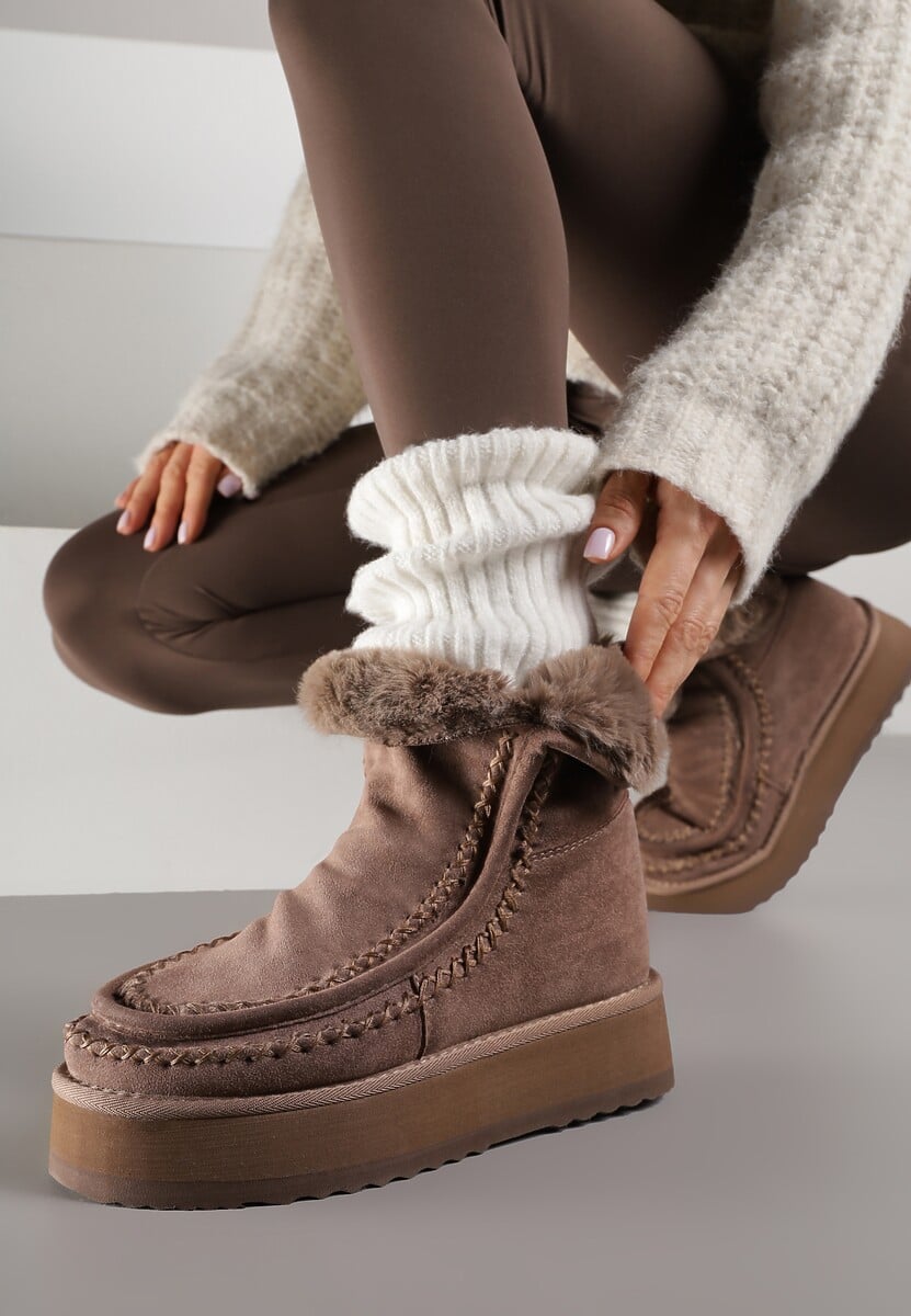 Beżowe Śniegowce Ozdobione Haftem Rawedena