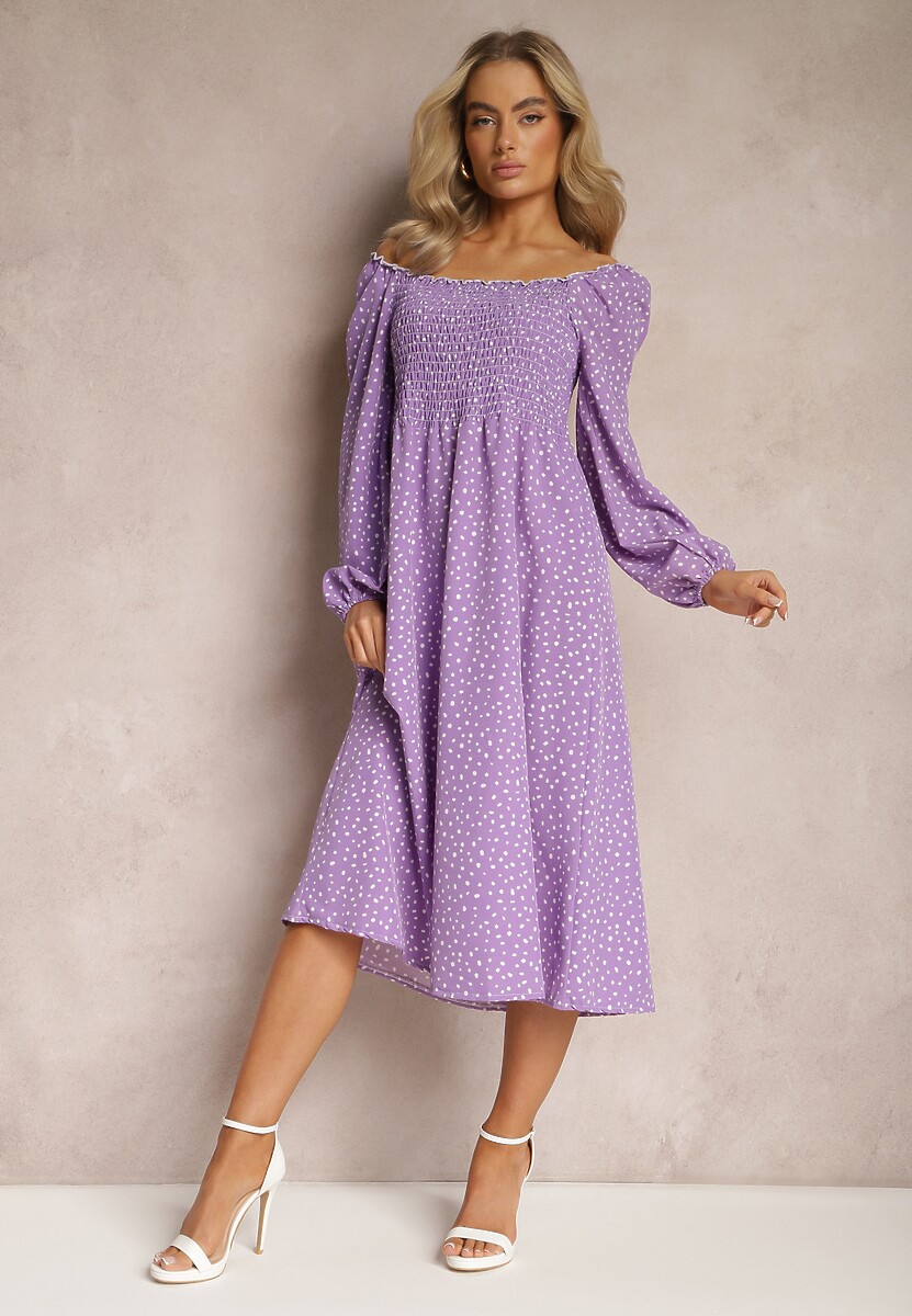 Granatowa Midi Sukienka Rozkloszowana w Kropki Gernia