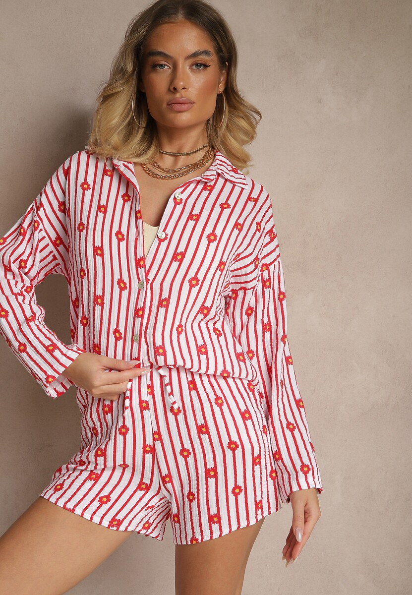 Czerwony Muślinowy Komplet z Bawełny Koszula i Szorty we Wzór w Paski i Kwiaty Sellimi