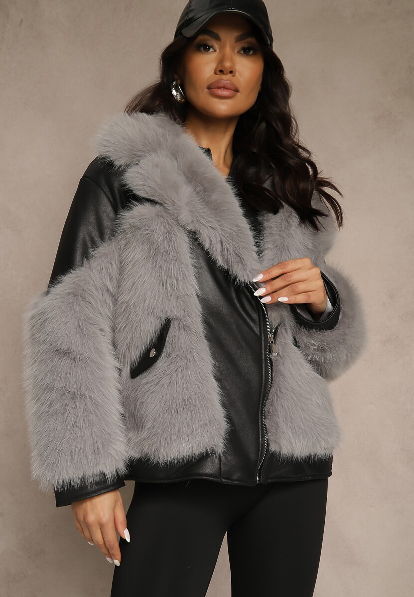 Szara Kurtka o Kroju Ramoneski z Futrem Sevre