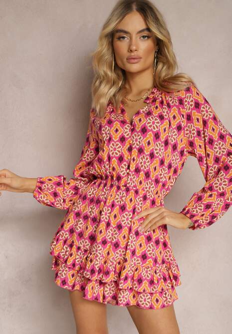 Fuksjowo-Pomarańczowy Kombinezon o Krótkim Fasonie z Gumką w Talii w Mozaikowy Print z Wiskozy Glimmeria