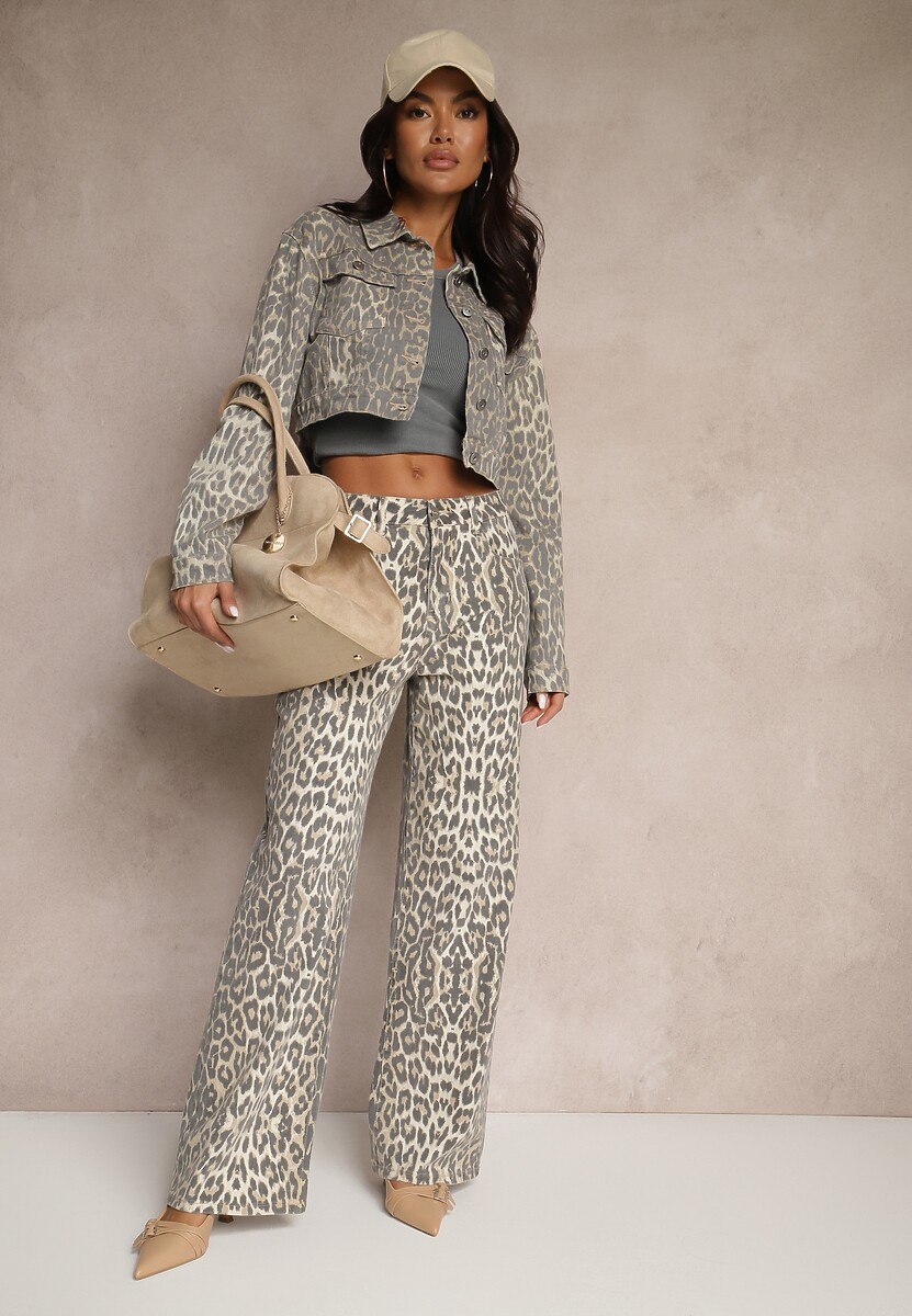 Beżowa Krótka Jeansowa Kurtka Panterkowa z Bawełny  Aridwen