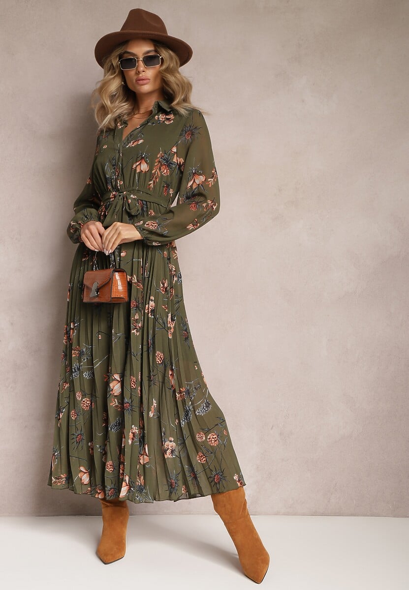 Granatowa Sukienka Plisowana w Kwiaty Emiranda